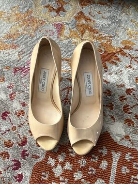 Jimmy Choo Beige Patent Leather Peep-Toe Pumps